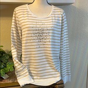 Women’s Ivory Yellow Stripped Sparkled Embellishment Long Sleeve SweatshirtLarge